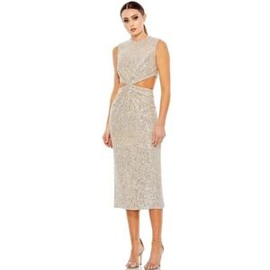 Mac Duggal SEQUIN EMBELLISHED FRONT TWIST CUT OUT COLUMN DRESS Beige Women 2 NEW